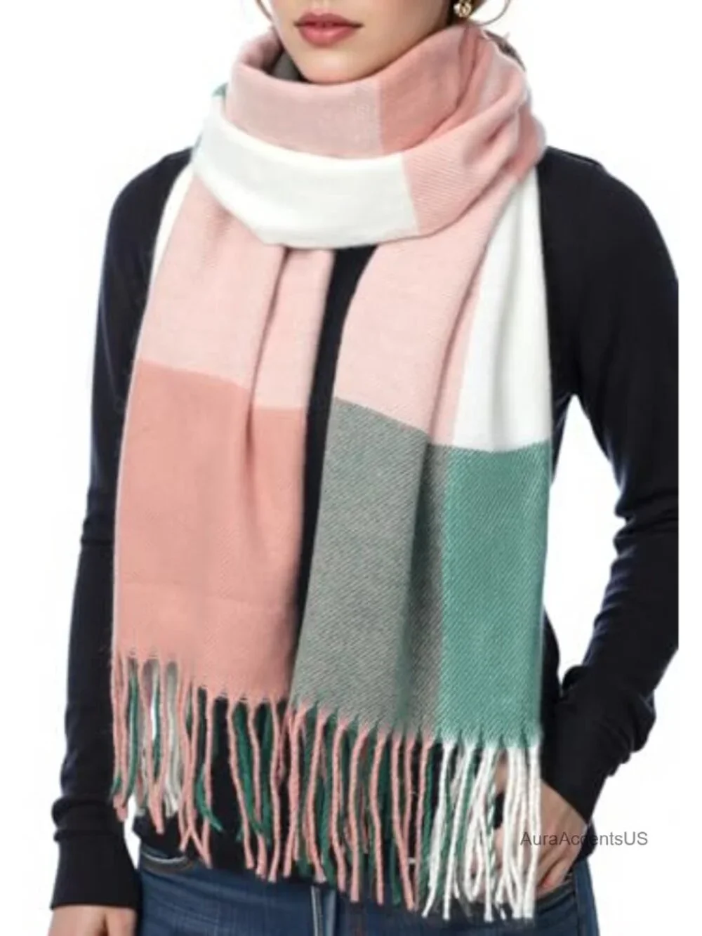 Oversized Plaid Winter Scarf for Women Soft Warm Shawl Wrap with Tassels
